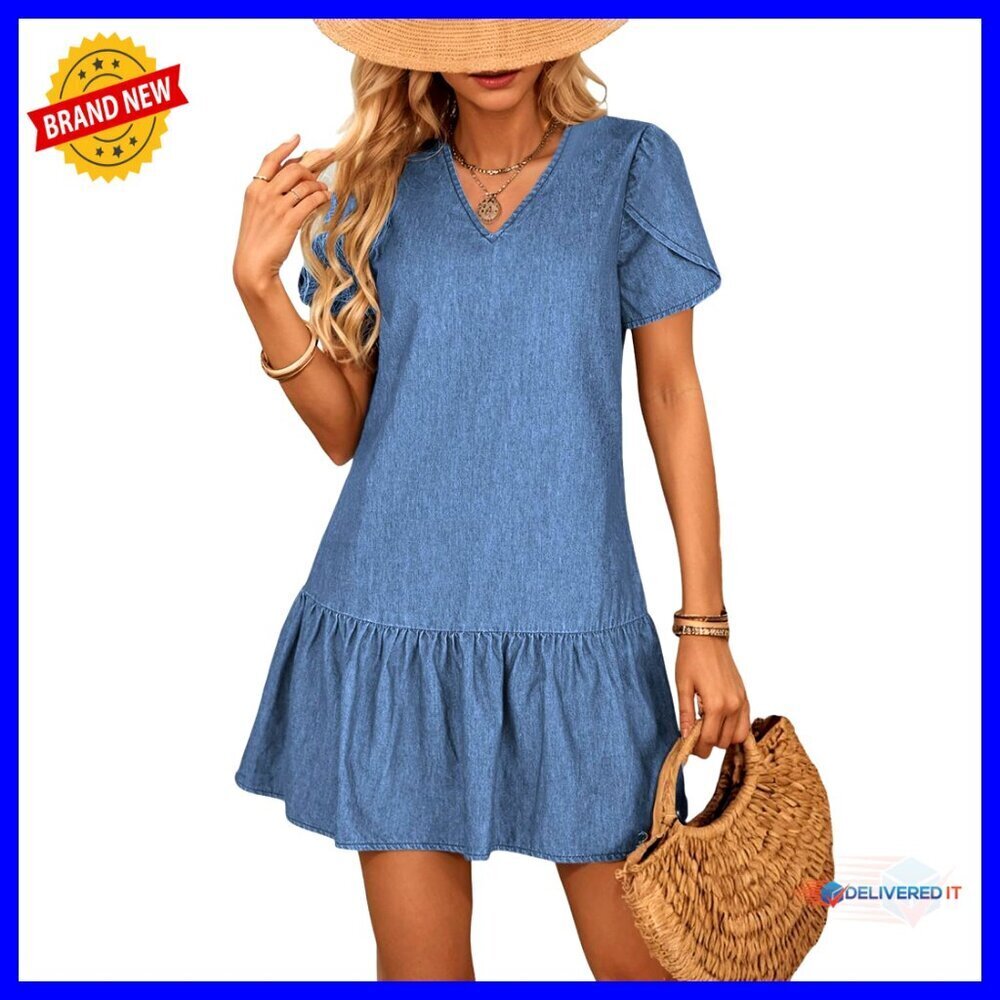 Denim Mini Dress Short Sleeve V Neck Ruffle Hem Swing Babydoll Casual